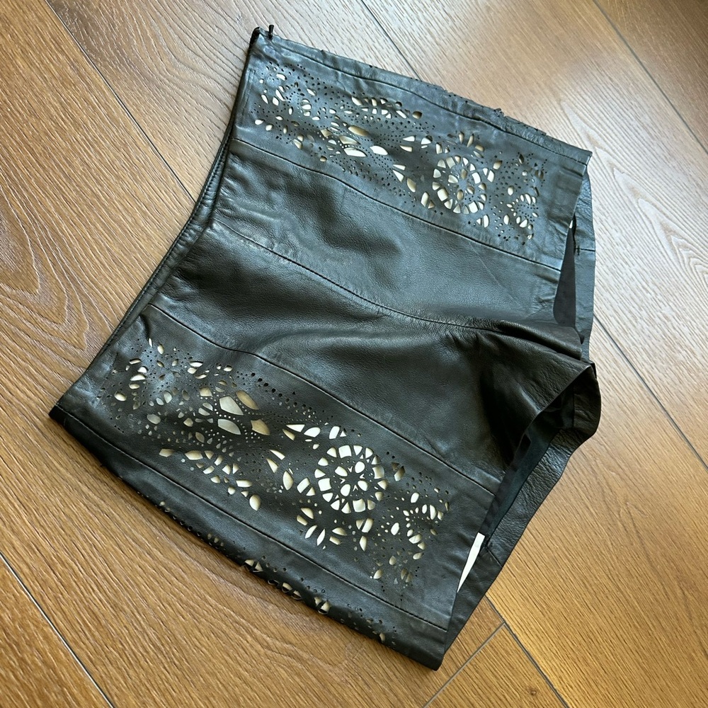 Black 100% Real Leather High-Waist Shorts with Laser Cut Panels NWT